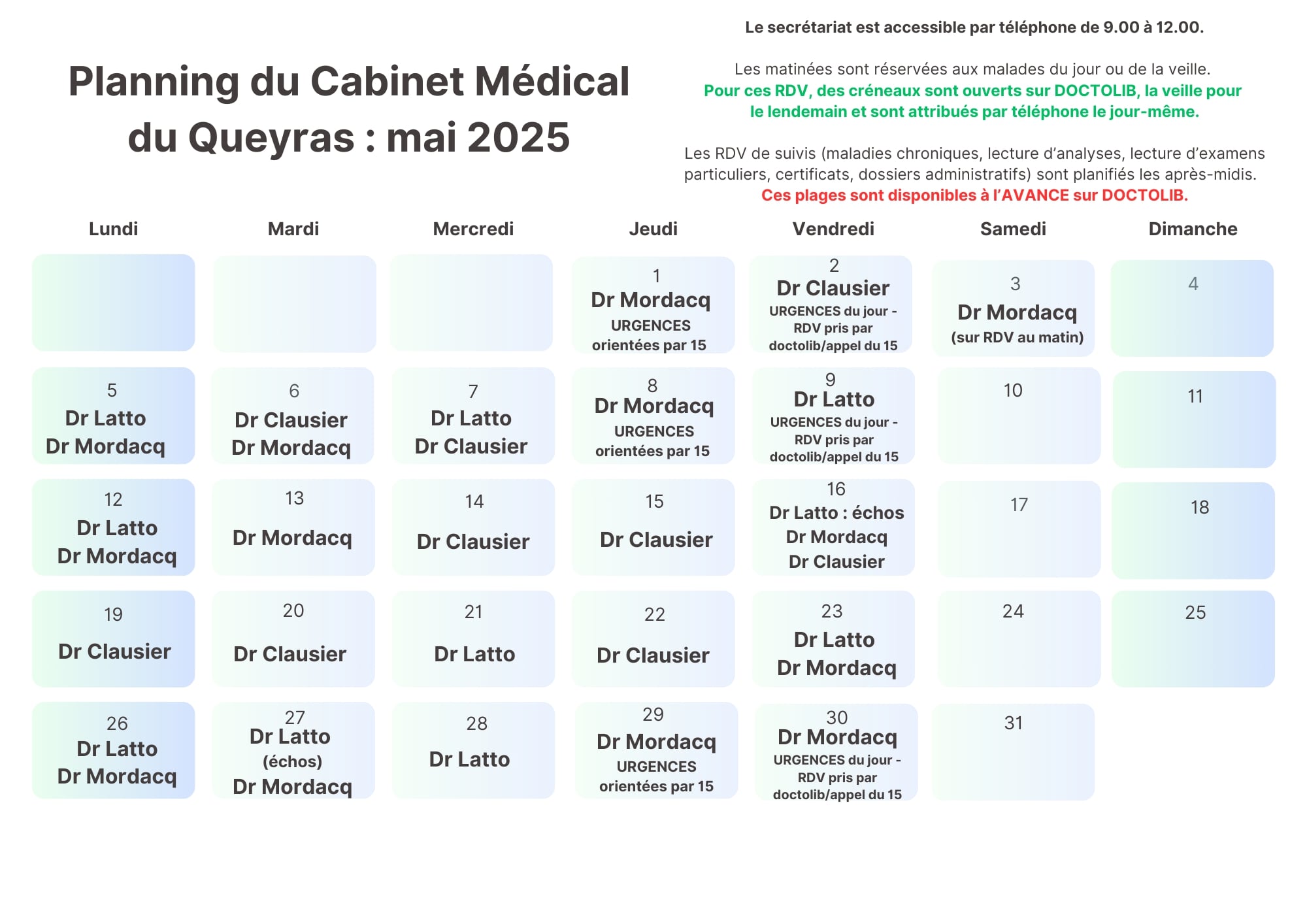 planning medecins mai 2025